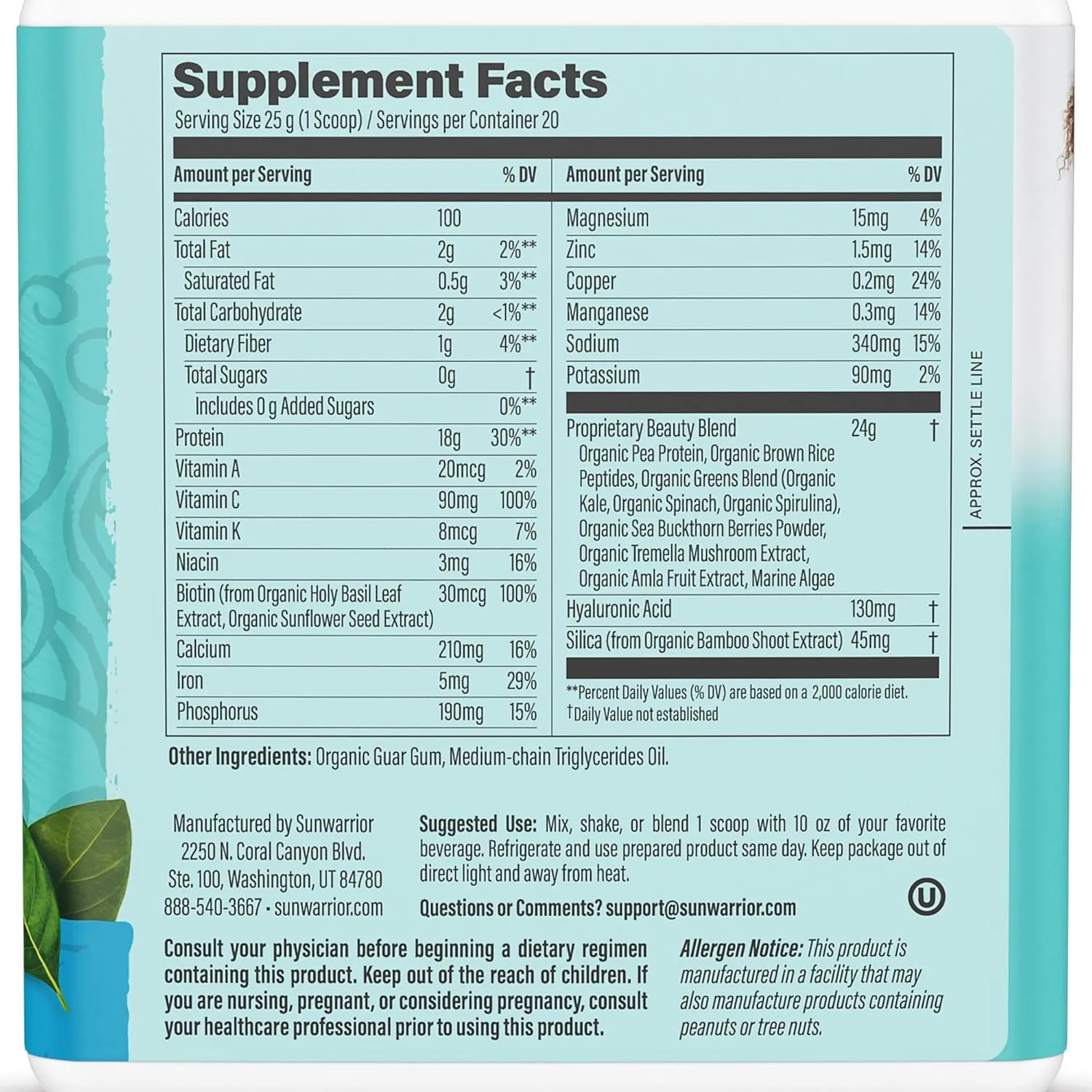 Vegan Collagen Building Powder Protein Peptide with Biotin Vitamin C Hyaluronic Acid Collagen Protein Powder for Hair Skin Nail Dairy Free Gluten Free | Unflavored by Sunwarrior