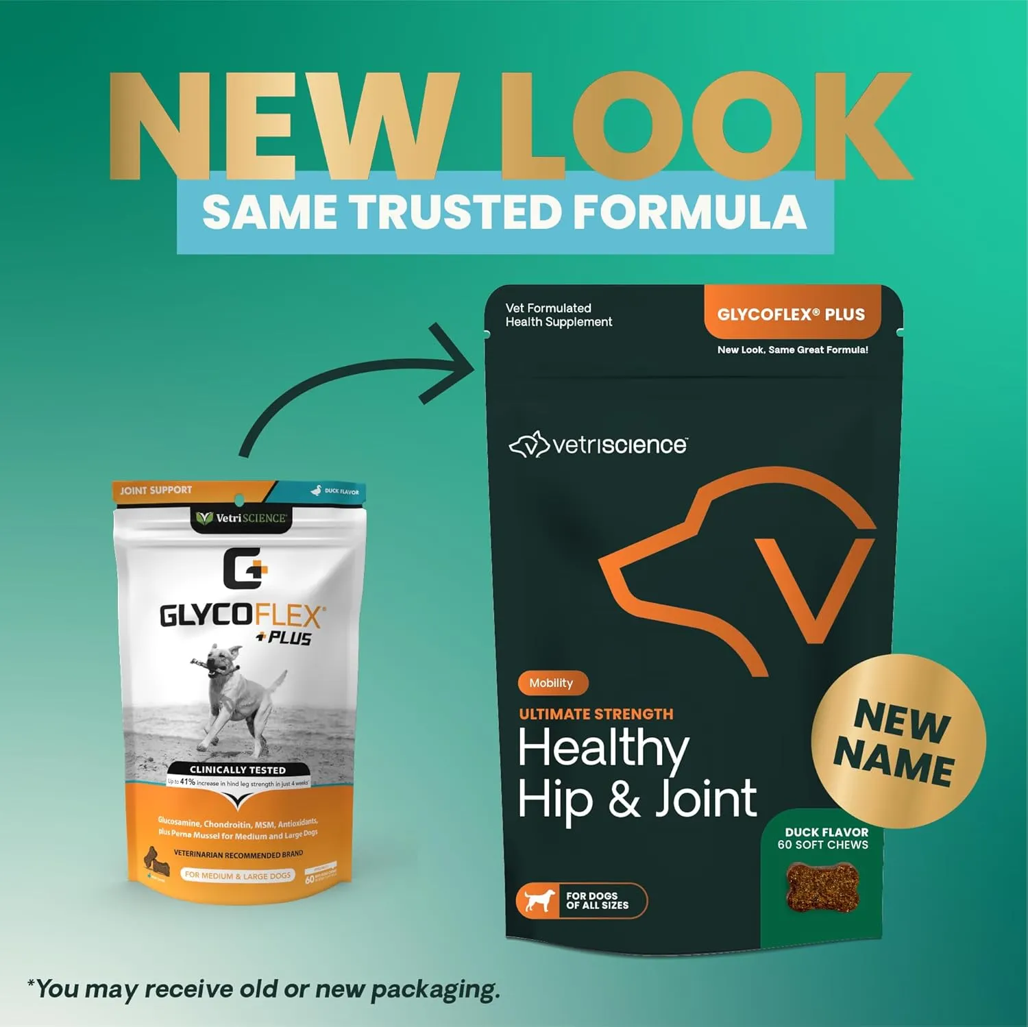 VetriScience GlycoFlex Ultimate Strength Healthy Hip & Joint Glucosamine Supplements for Dogs, with MSM, Chondroitin & Green-Lipped Mussel, Soft Chews, Duck, 60 Count - New Look