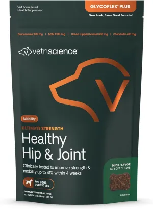 VetriScience GlycoFlex Ultimate Strength Healthy Hip & Joint Glucosamine Supplements for Dogs, with MSM, Chondroitin & Green-Lipped Mussel, Soft Chews, Duck, 60 Count - New Look