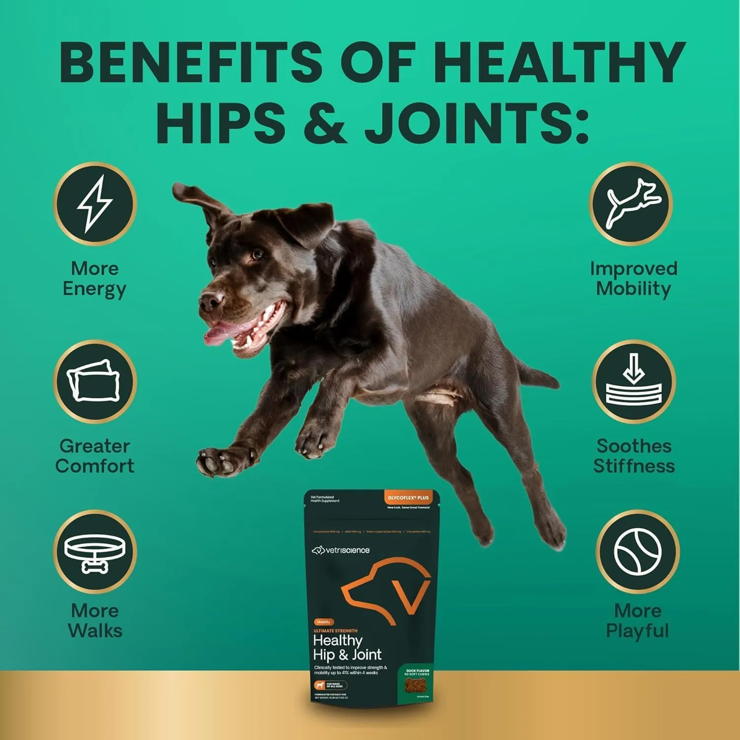 VetriScience GlycoFlex Ultimate Strength Healthy Hip & Joint Glucosamine Supplements for Dogs, with MSM, Chondroitin & Green-Lipped Mussel, Soft Chews, Duck, 60 Count - New Look