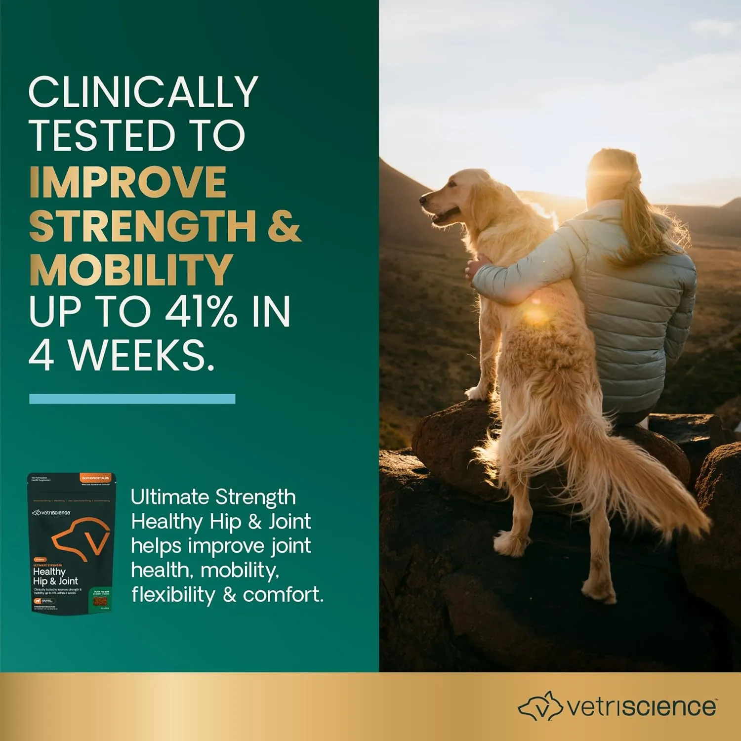 VetriScience GlycoFlex Ultimate Strength Healthy Hip & Joint Glucosamine Supplements for Dogs, with MSM, Chondroitin & Green-Lipped Mussel, Soft Chews, Duck, 60 Count - New Look
