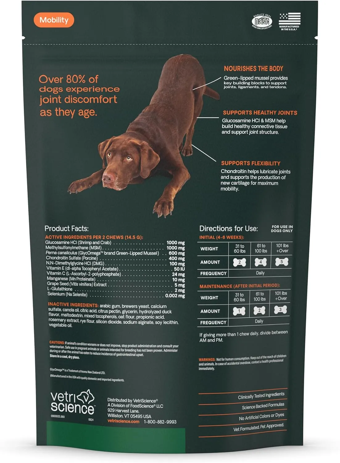 VetriScience GlycoFlex Ultimate Strength Healthy Hip & Joint Glucosamine Supplements for Dogs, with MSM, Chondroitin & Green-Lipped Mussel, Soft Chews, Duck, 60 Count - New Look