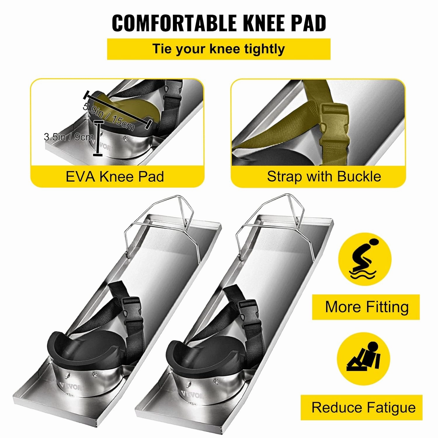 VEVOR Concrete Knee Boards Slider 28'' x 8'' Kneeler Board Stainless Steel Kneedboards Concrete Pair Moving Sliders w/Concrete Knee Pads & Board Straps for Concrete Finishing