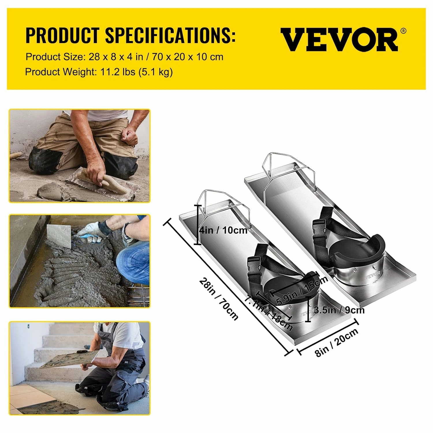 VEVOR Concrete Knee Boards Slider 28'' x 8'' Kneeler Board Stainless Steel Kneedboards Concrete Pair Moving Sliders w/Concrete Knee Pads & Board Straps for Concrete Finishing
