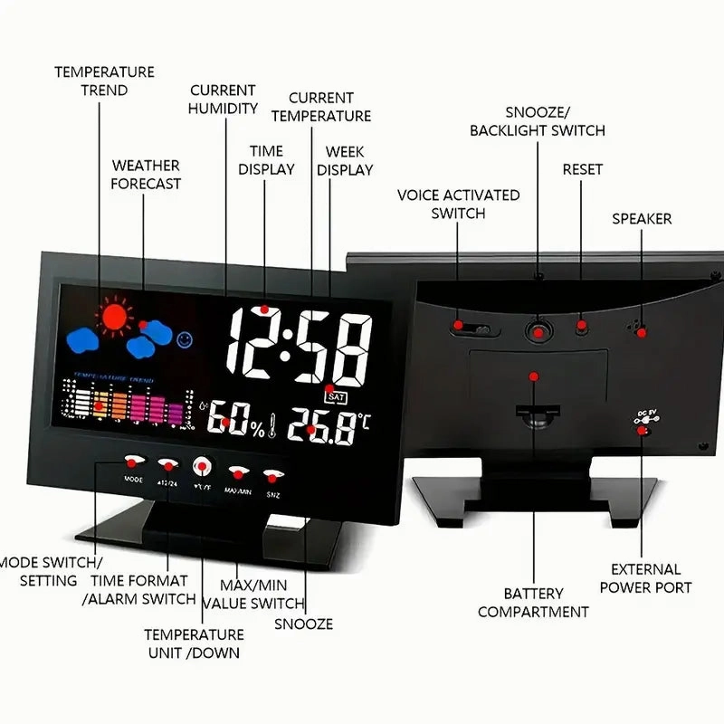 Vibrant Digital Weather Alarm Clock with Voice Control