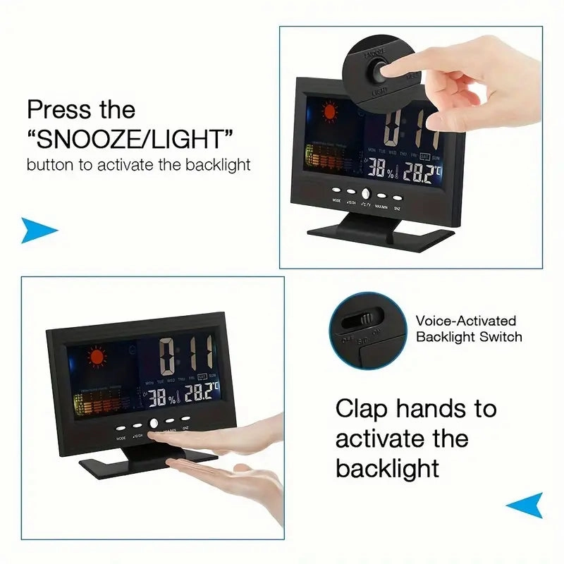 Vibrant Digital Weather Alarm Clock with Voice Control