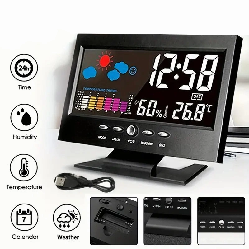 Vibrant Digital Weather Alarm Clock with Voice Control