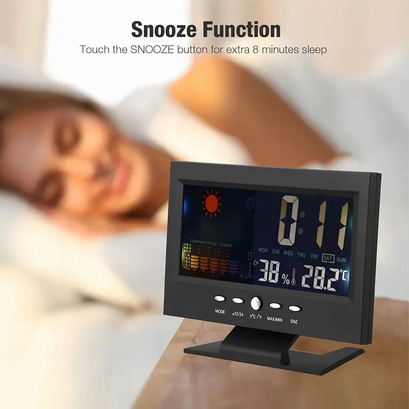 Vibrant Digital Weather Alarm Clock with Voice Control