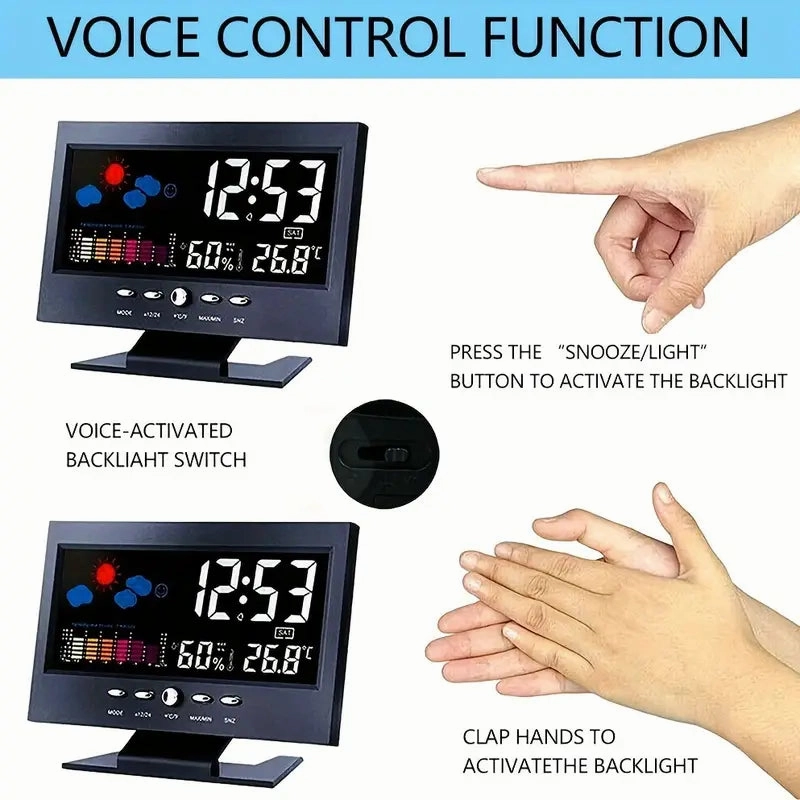 Vibrant Digital Weather Alarm Clock with Voice Control