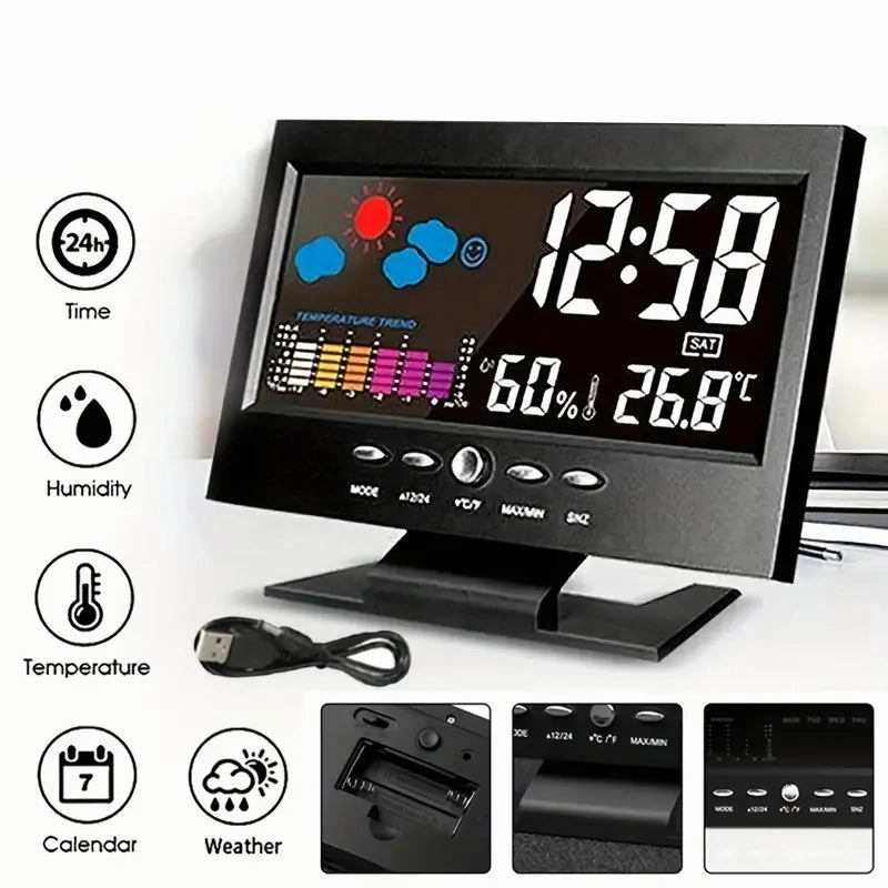 Vibrant Digital Weather Alarm Clock with Voice Control