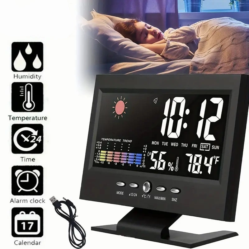 Vibrant Digital Weather Alarm Clock with Voice Control