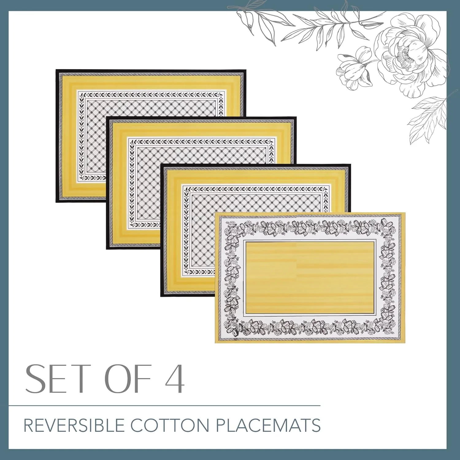 Villeroy and Boch Audun Reversible Patterned Cotton Fabric Placemats, 14 Inches by 20 Inches, Set of 4