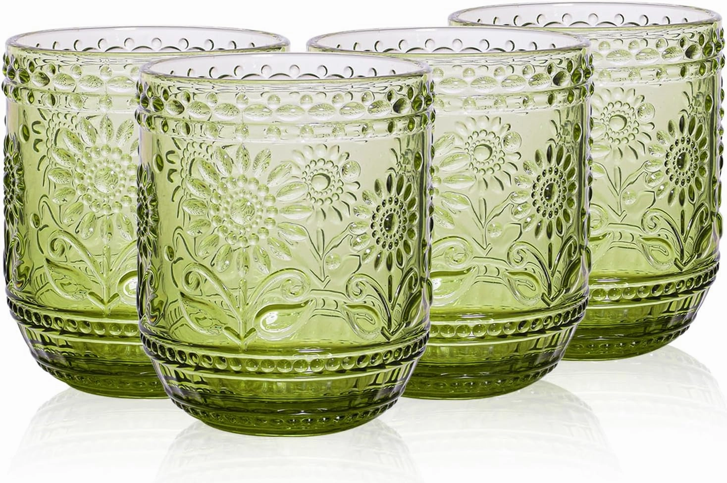 Vintage Textured Sage Green Drinking Glasses Set of 4,12 oz Cocktail Water Tumblers Glassware Set with Embossed Flower Design