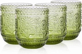Vintage Textured Sage Green Drinking Glasses Set of 4,12 oz Cocktail Water Tumblers Glassware Set with Embossed Flower Design