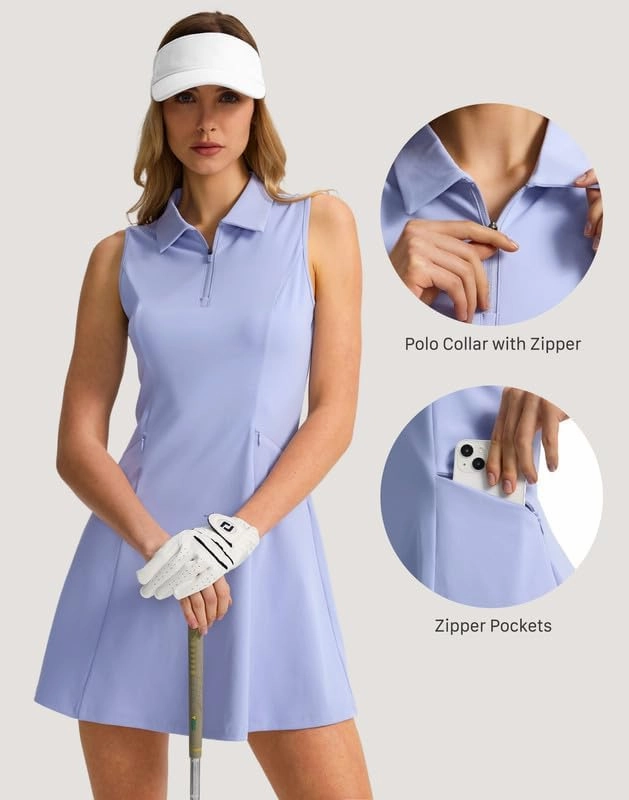 Viodia Women's Tennis Golf Dress with Shorts Pickleball Exercise Workout Athletic Dresses for Women with Zipper Pockets