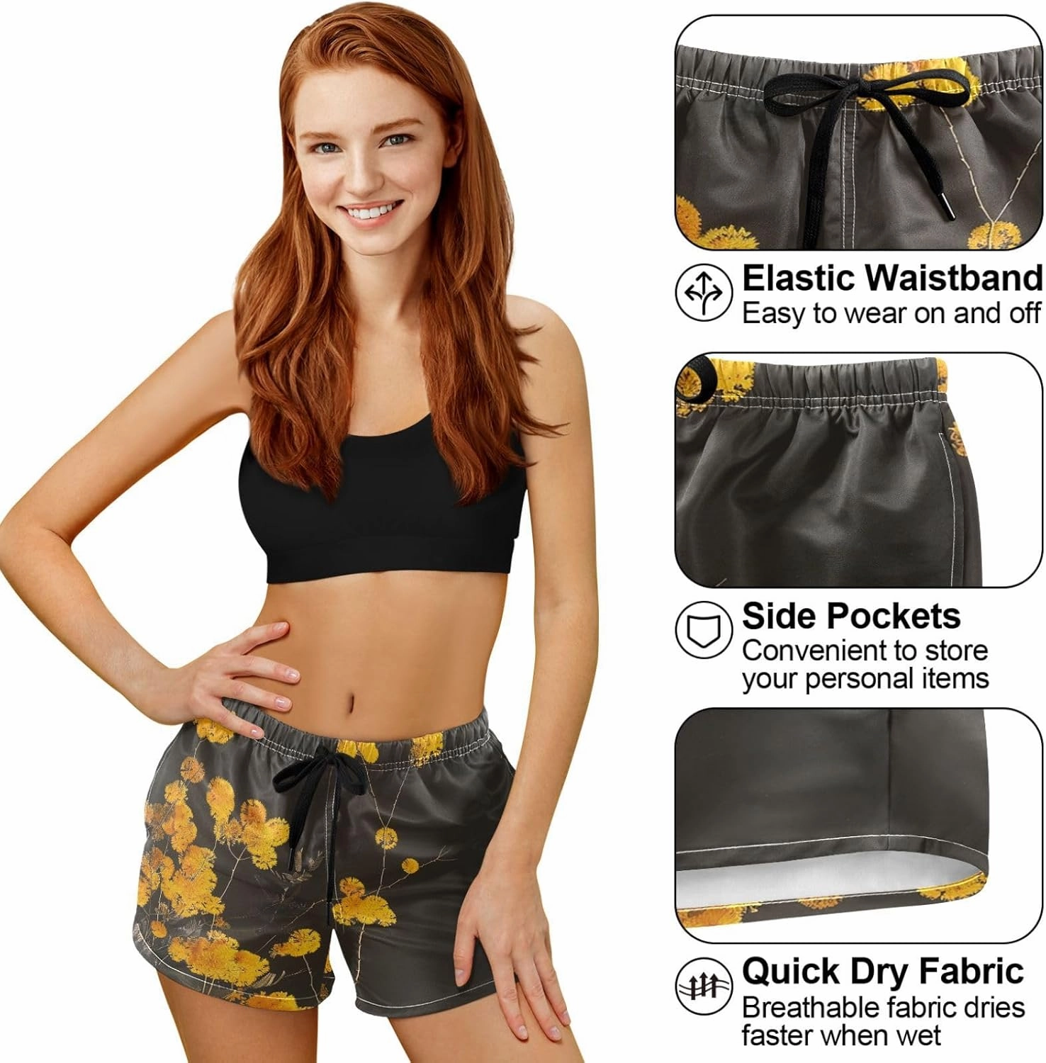 visesunny Women's Board Shorts Beach Acacia Leaf Plant Summer Beach Swim Shorts with Pockets Bathing Suits