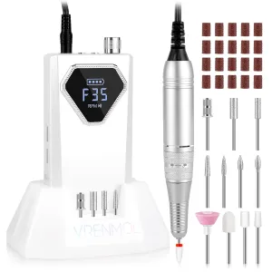 Vrenmol Professional Electric Nail Drill: 35000RPM Rechargeable Nail Drill Machine with Base Portable Nail File with Nail Drill Bits for Remove Gel Dip Acrylic Nails Nail Art Salon Use White