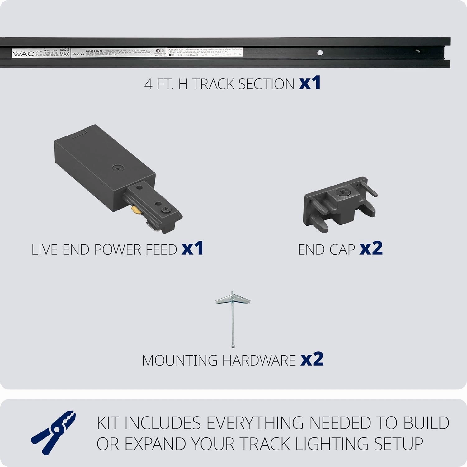 WAC Lighting H Track 4FT Single Circuit, 120V Field-Cuttable Track for H Style 3-Wire Fixtures, Includes Live End Kit and 2 Endcaps in Black (Pack of 1)