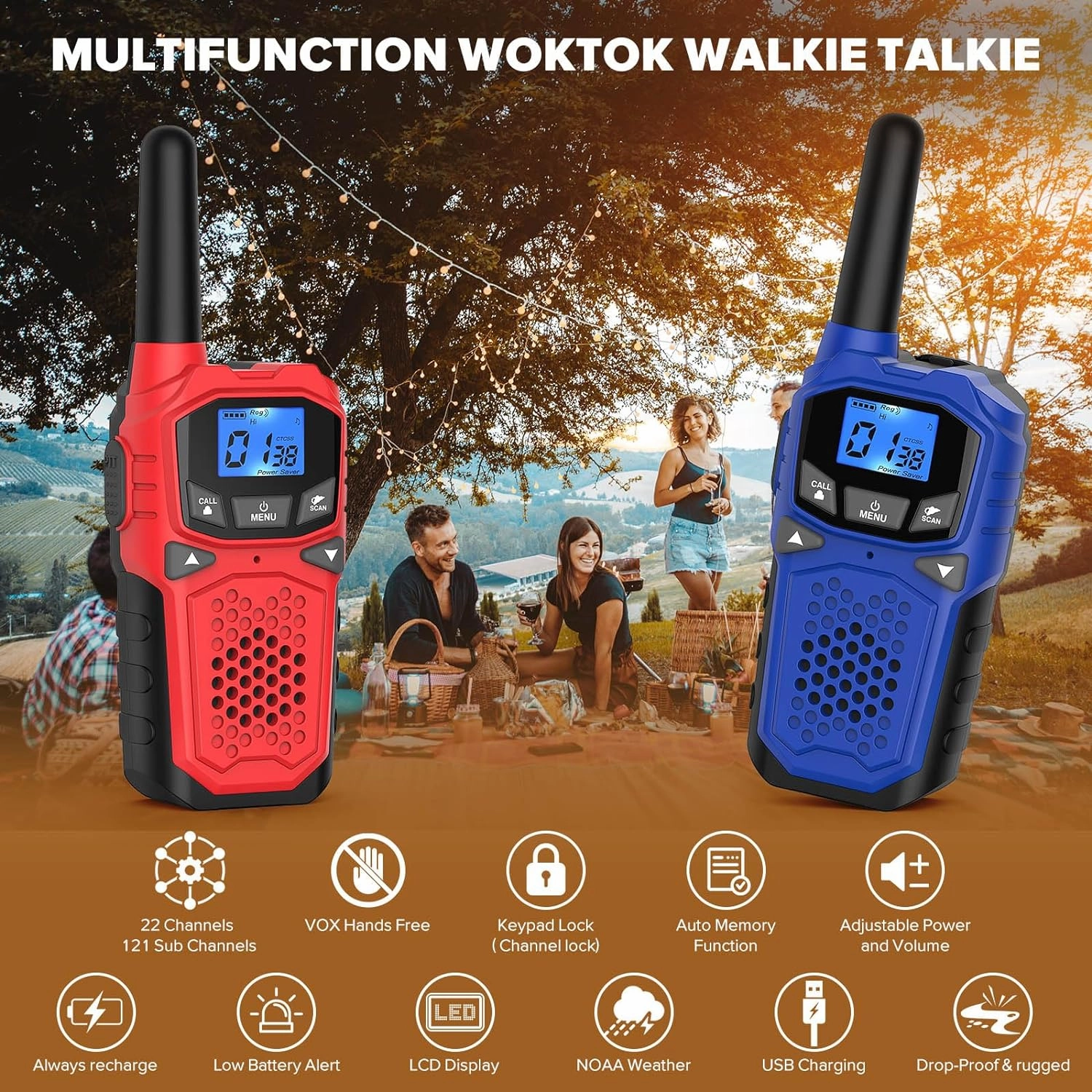 Walkie Talkies for Adults- WokTok Long Range 2 Way Radio for Camping Hiking Hand Held Hiking Accessories Camping Gear Xmas Birthday Gift for Kids,SOS Siren,NOAA Weather Alert,4 Radios
