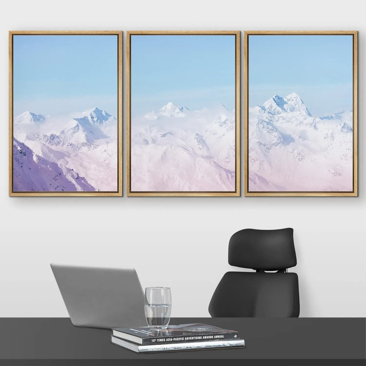 wall26 Framed Wall Art Print Set Retro Washed Out Duotone Snowy Mountain Range Nature Wilderness Photography Realism Rustic Scenic Colorful Ultra for Living Room, Bedroom, Office - 16"x24"x3 Natural
