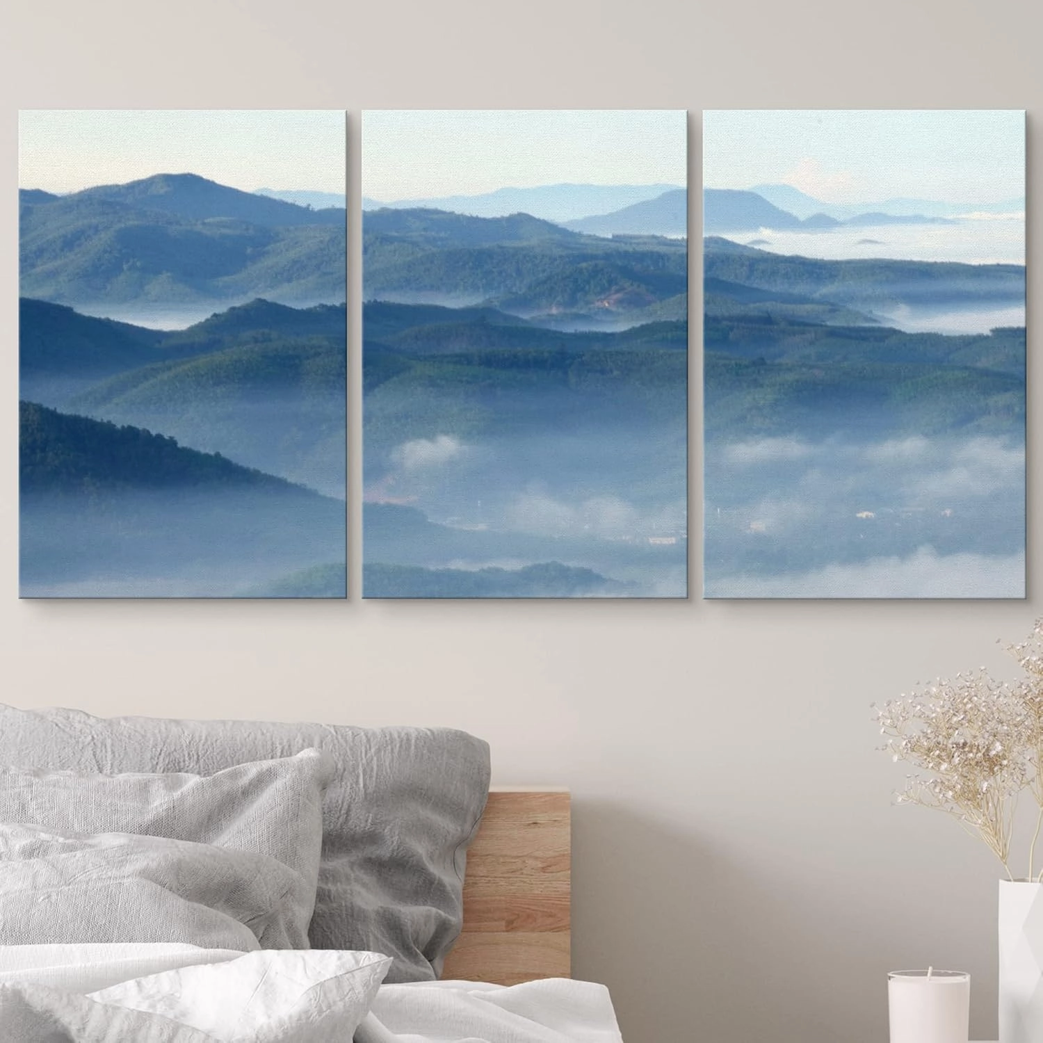 wall26 Canvas Print Wall Art Set Mist Over The Green Mountain Tops Nature Wilderness Photography Realism Rustic Scenic Colorful Multicolor Ultra for Living Room, Bedroom, Office - 16"x24"x3