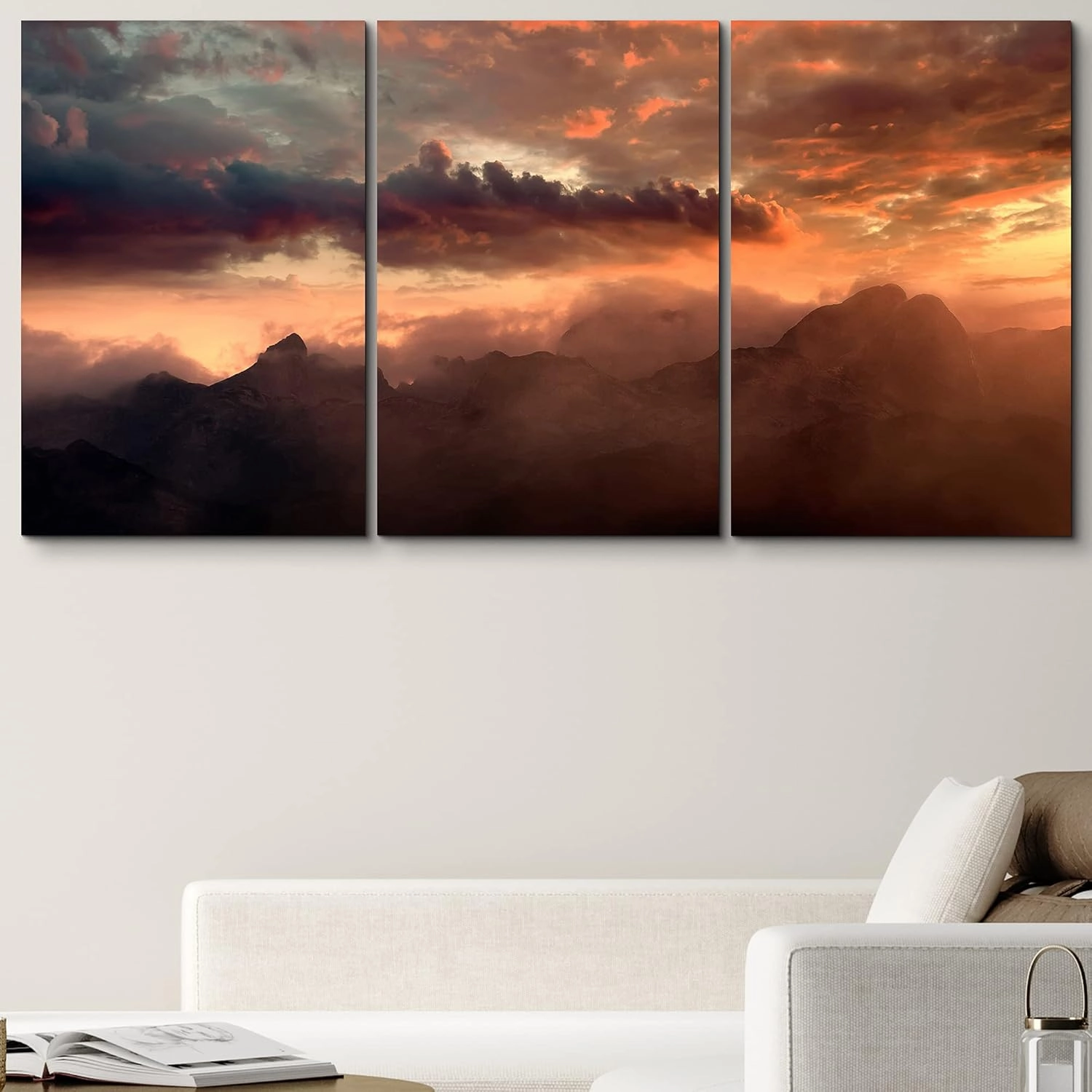 wall26 Canvas Print Wall Art Set Orange Sunset Over Cloudy Mountain Peaks Nature Wilderness Photography Realism Rustic Scenic Colorful Multicolor for Living Room, Bedroom, Office - 16"x24"x3 Panels