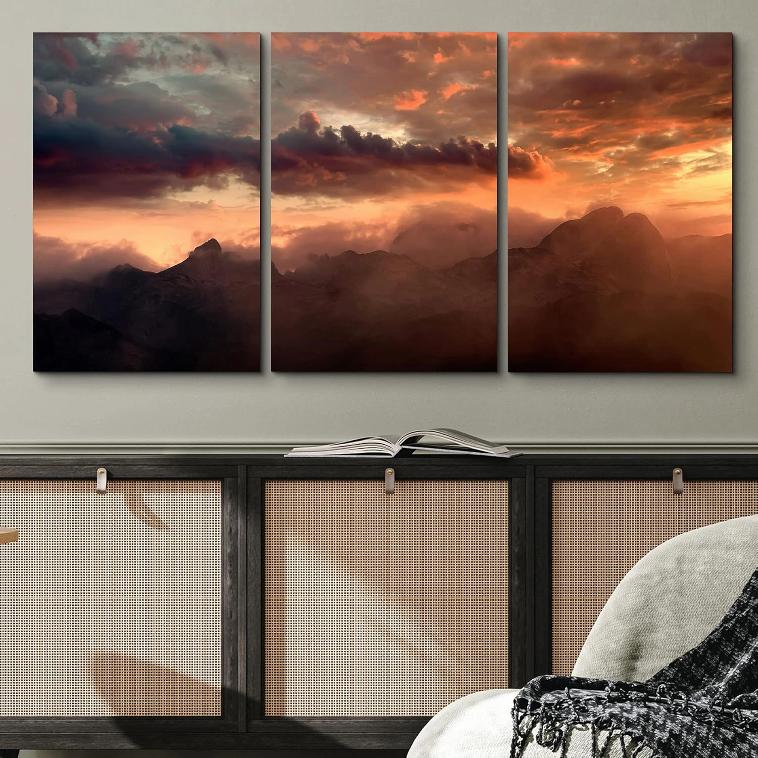 wall26 Canvas Print Wall Art Set Orange Sunset Over Cloudy Mountain Peaks Nature Wilderness Photography Realism Rustic Scenic Colorful Multicolor for Living Room, Bedroom, Office - 16"x24"x3 Panels