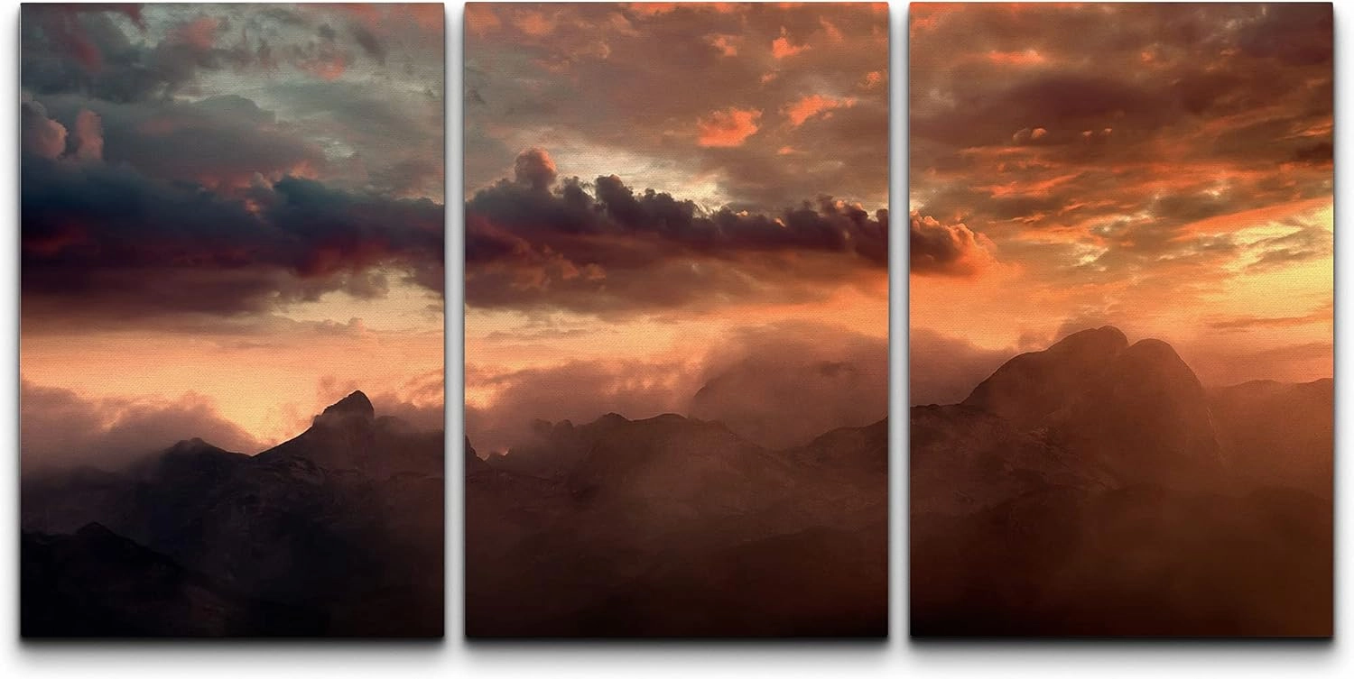 wall26 Canvas Print Wall Art Set Orange Sunset Over Cloudy Mountain Peaks Nature Wilderness Photography Realism Rustic Scenic Colorful Multicolor for Living Room, Bedroom, Office - 16"x24"x3 Panels