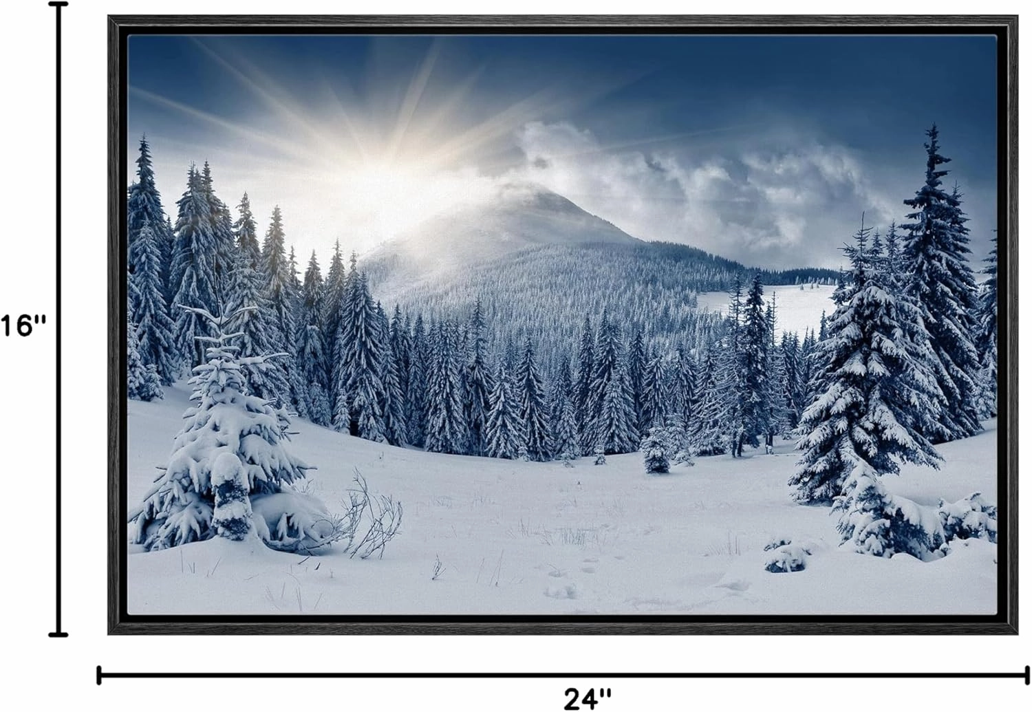 wall26 Canvas Print Wall Art Sunlight Over Winter Mountain Forest Landscape Nature Wilderness Photography Modern Art Rustic Scenic Colorful Multicolor for Living Room, Bedroom, Office - 16"x24" Black