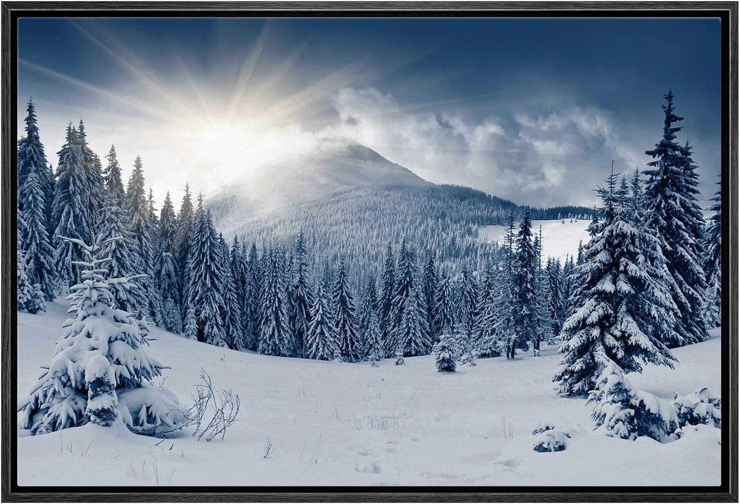 wall26 Canvas Print Wall Art Sunlight Over Winter Mountain Forest Landscape Nature Wilderness Photography Modern Art Rustic Scenic Colorful Multicolor for Living Room, Bedroom, Office - 16"x24" Black