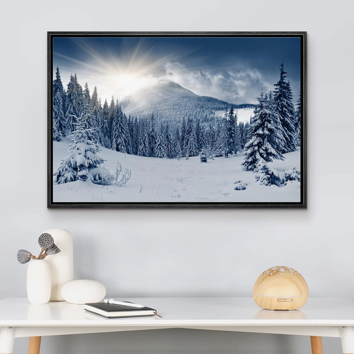 wall26 Canvas Print Wall Art Sunlight Over Winter Mountain Forest Landscape Nature Wilderness Photography Modern Art Rustic Scenic Colorful Multicolor for Living Room, Bedroom, Office - 16"x24" Black