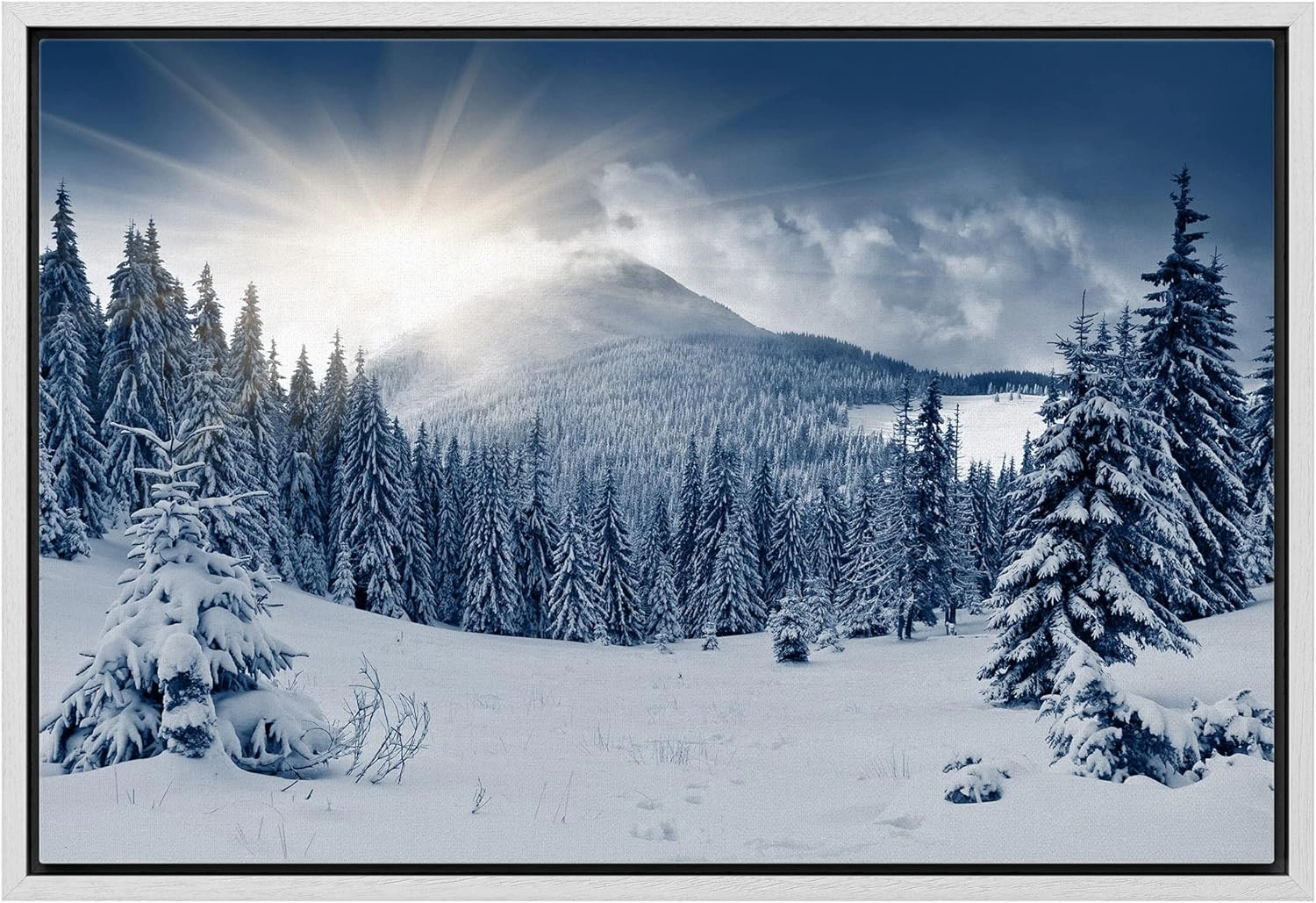 wall26 Canvas Print Wall Art Sunlight Over Winter Mountain Forest Landscape Nature Wilderness Photography Modern Art Rustic Scenic Colorful Multicolor for Living Room, Bedroom, Office - 16"x24" White