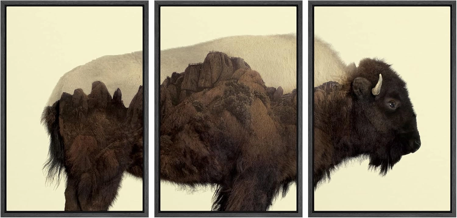 wall26 Framed Canvas Print Wall Art Set Double Exposure Buffalo with Mountains Animals Wilderness Photography Realism Zen Scenic Colorful Multicolor for Living Room, Bedroom, Office - 24"x36"x3 Black