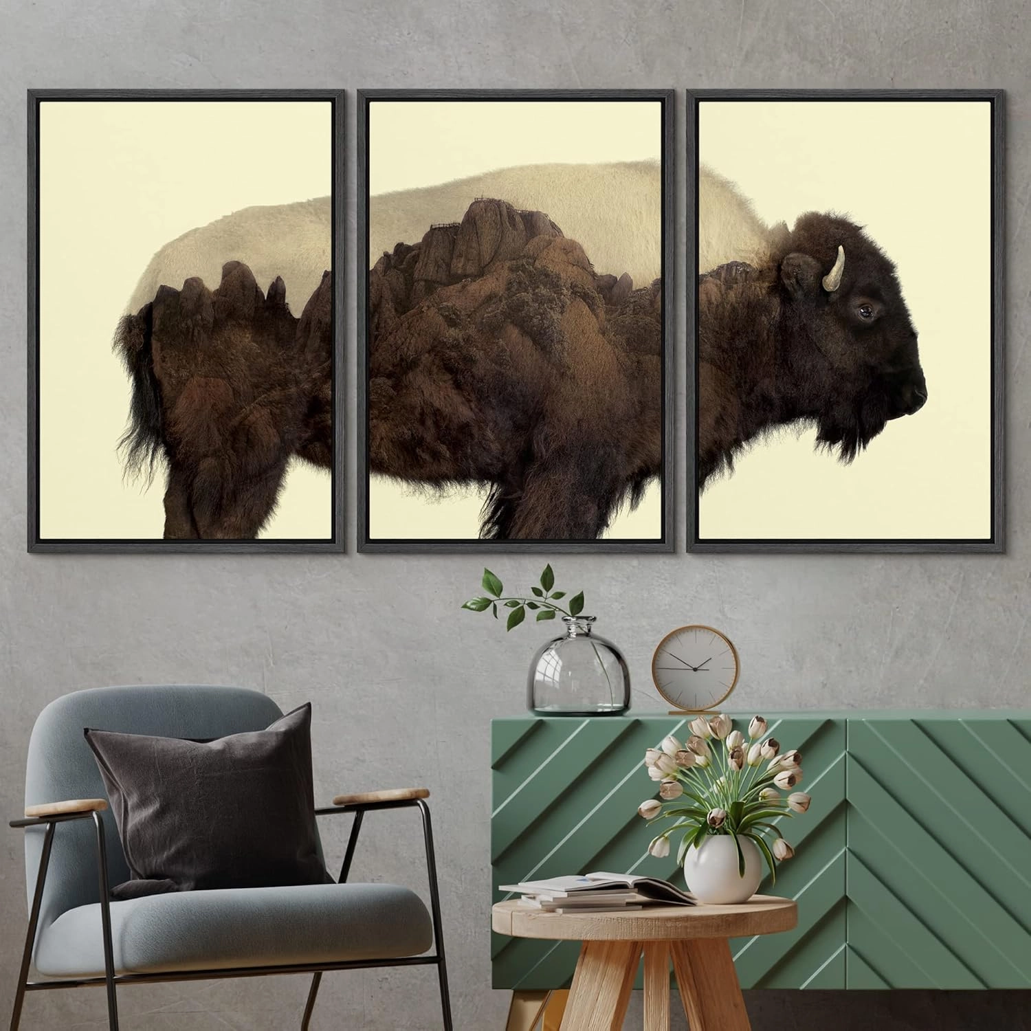 wall26 Framed Canvas Print Wall Art Set Double Exposure Buffalo with Mountains Animals Wilderness Photography Realism Zen Scenic Colorful Multicolor for Living Room, Bedroom, Office - 24"x36"x3 Black