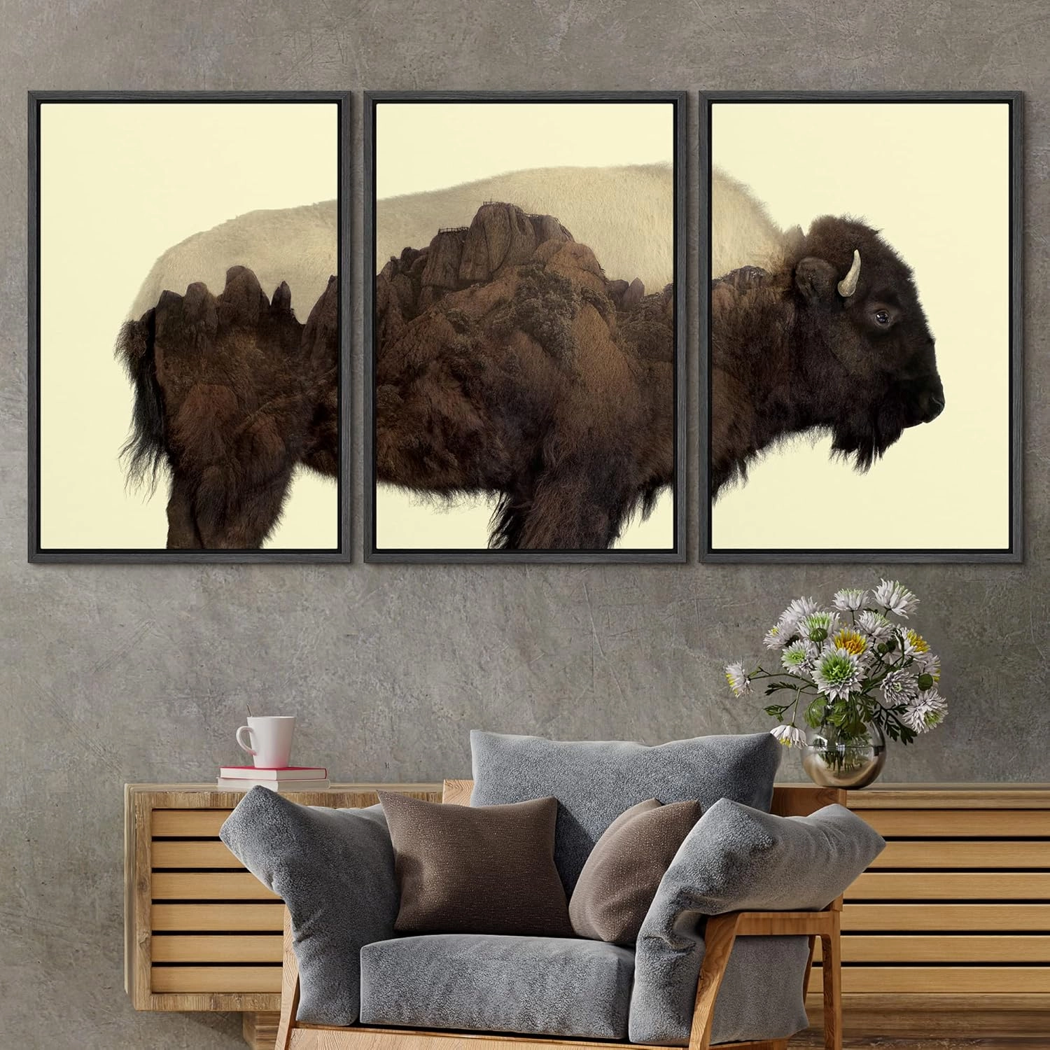 wall26 Framed Canvas Print Wall Art Set Double Exposure Buffalo with Mountains Animals Wilderness Photography Realism Zen Scenic Colorful Multicolor for Living Room, Bedroom, Office - 24"x36"x3 Black