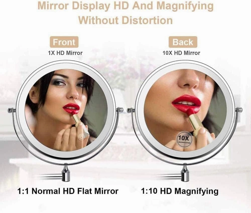 Wall Mounted Makeup Mirror 10X Double Sided Swivel Touch Button Adjustable Light Shaving in Bedroom or Bathroom 8 inch USB Rechargeable Chrome
