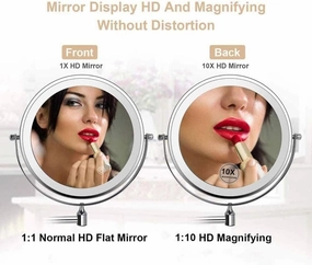 Wall Mounted Makeup Mirror 10X Double Sided Swivel Touch Button Adjustable Light Shaving in Bedroom or Bathroom 8 inch USB Rechargeable Chrome