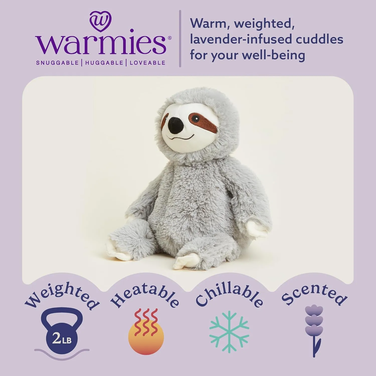 warmies Microwavable & Weighted Stuffed Animals, Gray Sloth - Heated Stuffed Animal Plushie for Warmth & Comfort - Cute Soft Plush Toys for Adults & Children (Boys, Girls, Babies & Toddlers)