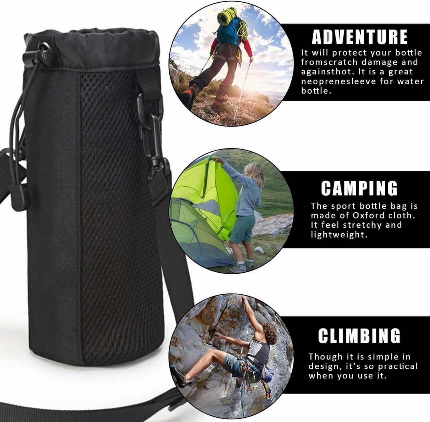 Water Bottle Carrier, Drawstring Sling Bag, Adjustable Shoulder Strap, 9.84x4.13x4.13 Inches, Portable Hydration Holder, for Running, Hiking, Outdoor Activities