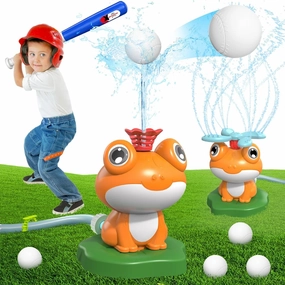 Water Sprinkler Baseball Toy for Kids Outdoor Play: Frog Water Game Toddlers Summer Toys for Backyard Garden Lawn with 2 Sprinkler Heads 360° Rotating Spray Water Baseball Ideal Gift for Boys Girls