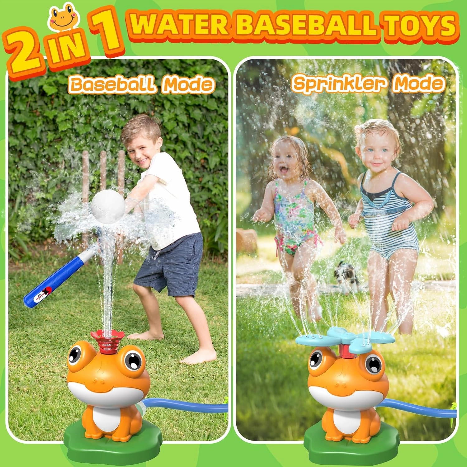 Water Sprinkler Baseball Toy for Kids Outdoor Play: Frog Water Game Toddlers Summer Toys for Backyard Garden Lawn with 2 Sprinkler Heads 360° Rotating Spray Water Baseball Ideal Gift for Boys Girls