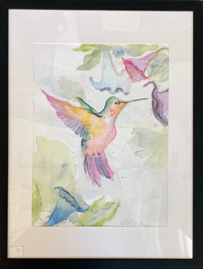 Watercolor Hummingbird & Trumpet Flowers Matted & Framed