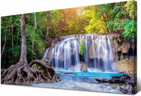 Waterfall Canvas Wall Art Nature Sunset Forest Landscape Picture Living Room Decor Tropical Tree River Scenery Painting Prints Photography Mountain Artwork for Home Bedroom Office Decorations 24x48”