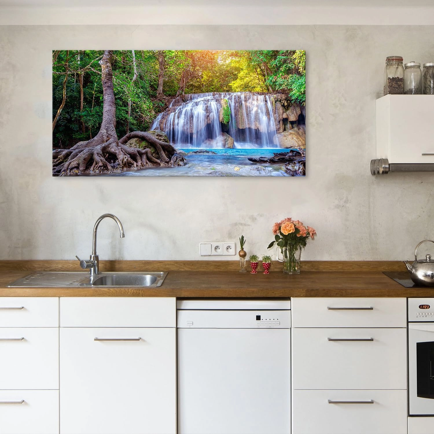 Waterfall Canvas Wall Art Nature Sunset Forest Landscape Picture Living Room Decor Tropical Tree River Scenery Painting Prints Photography Mountain Artwork for Home Bedroom Office Decorations 24x48”