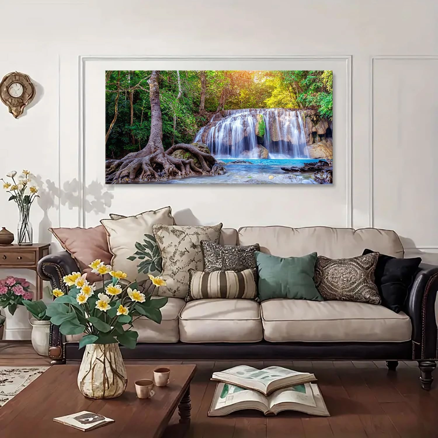 Waterfall Canvas Wall Art Nature Sunset Forest Landscape Picture Living Room Decor Tropical Tree River Scenery Painting Prints Photography Mountain Artwork for Home Bedroom Office Decorations 24x48”