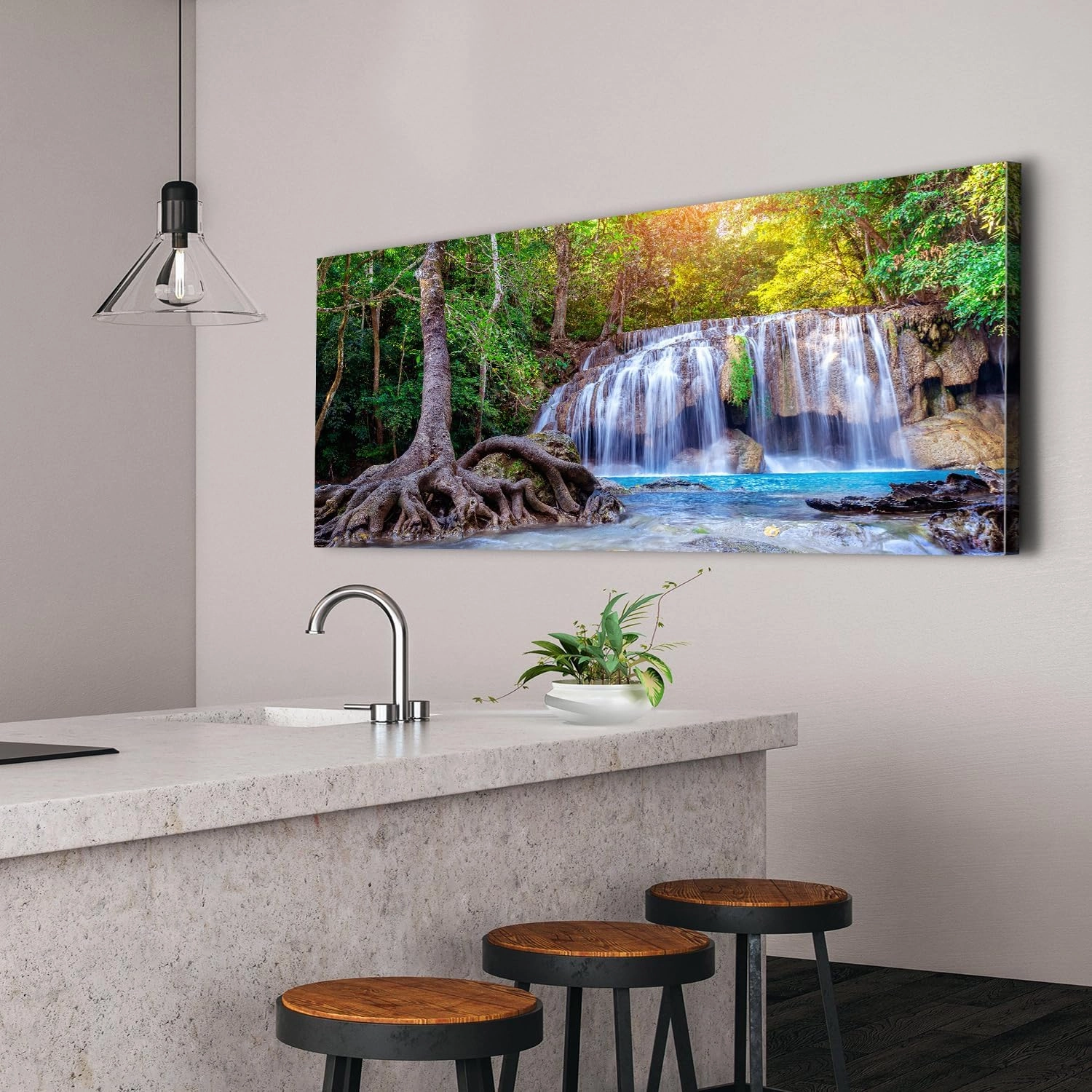 Waterfall Canvas Wall Art Nature Sunset Forest Landscape Picture Living Room Decor Tropical Tree River Scenery Painting Prints Photography Mountain Artwork for Home Bedroom Office Decorations 24x48”
