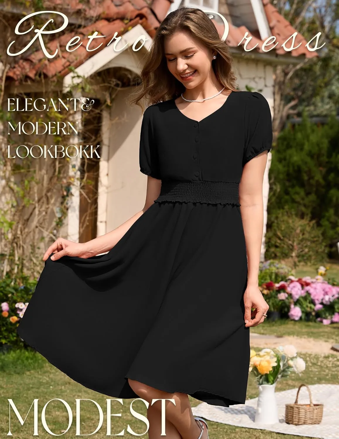 Wedtrend Vintage Dress for Women 1950s Dress Smocked Cocktail Dresses Church Retro Dresses with Pockets