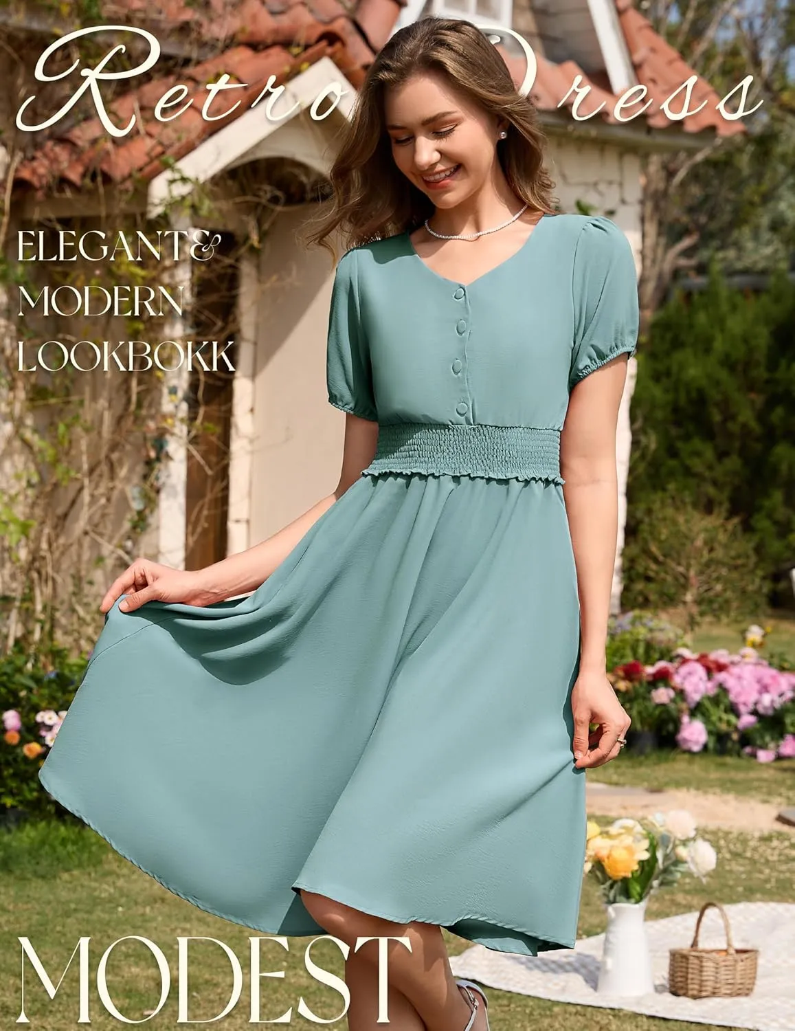 Wedtrend Vintage Dress for Women 1950s Dress Smocked Cocktail Dresses Church Retro Dresses with Pockets