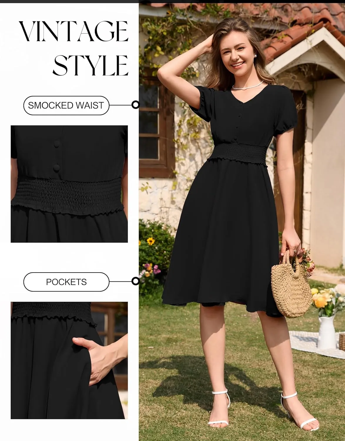 Wedtrend Vintage Dress for Women 1950s Dress Smocked Cocktail Dresses Church Retro Dresses with Pockets