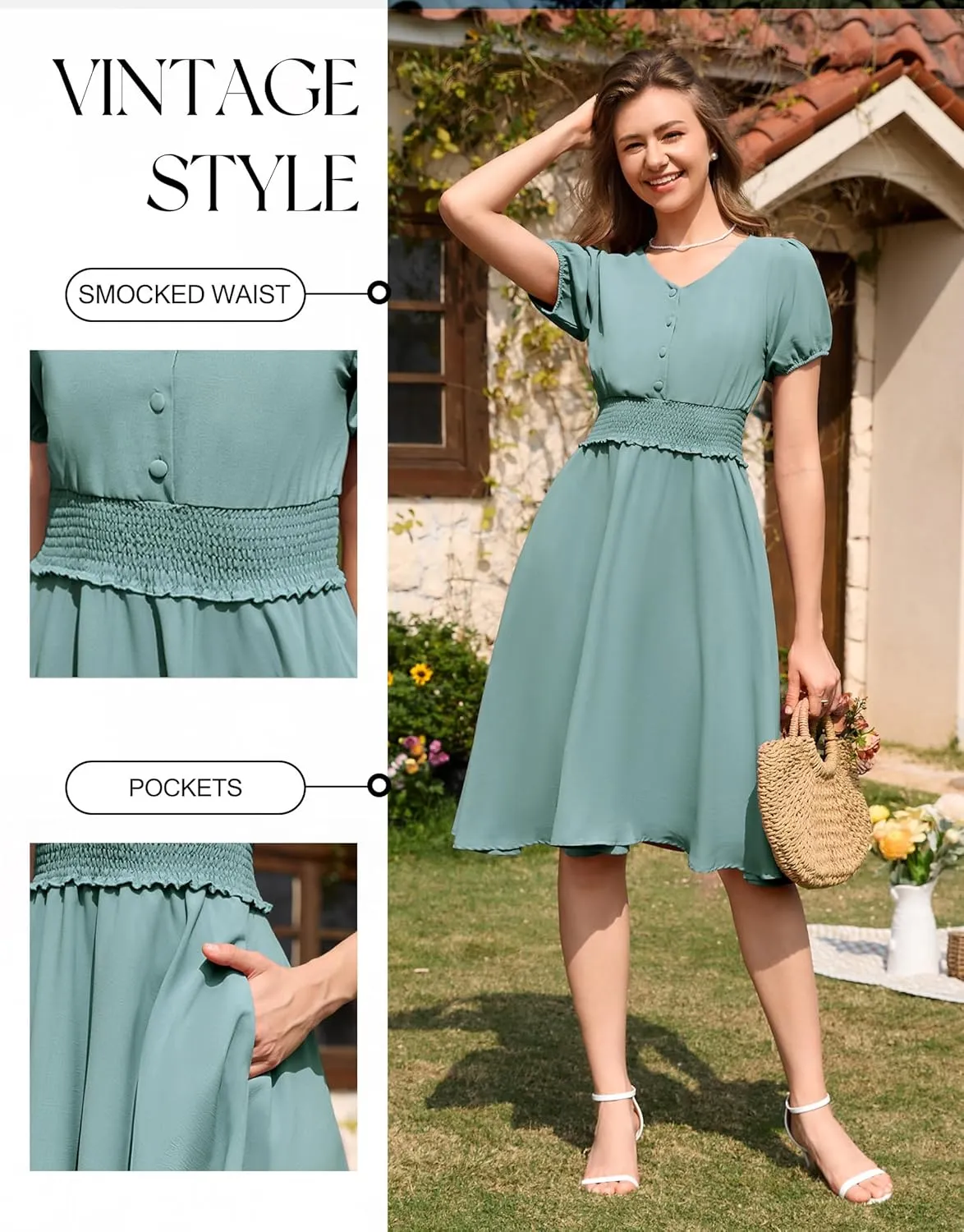 Wedtrend Vintage Dress for Women 1950s Dress Smocked Cocktail Dresses Church Retro Dresses with Pockets